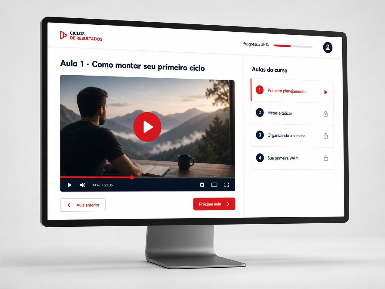 Vídeo-aula prática mostrando o setup do primeiro ciclo no aplicativo Plano 1em12